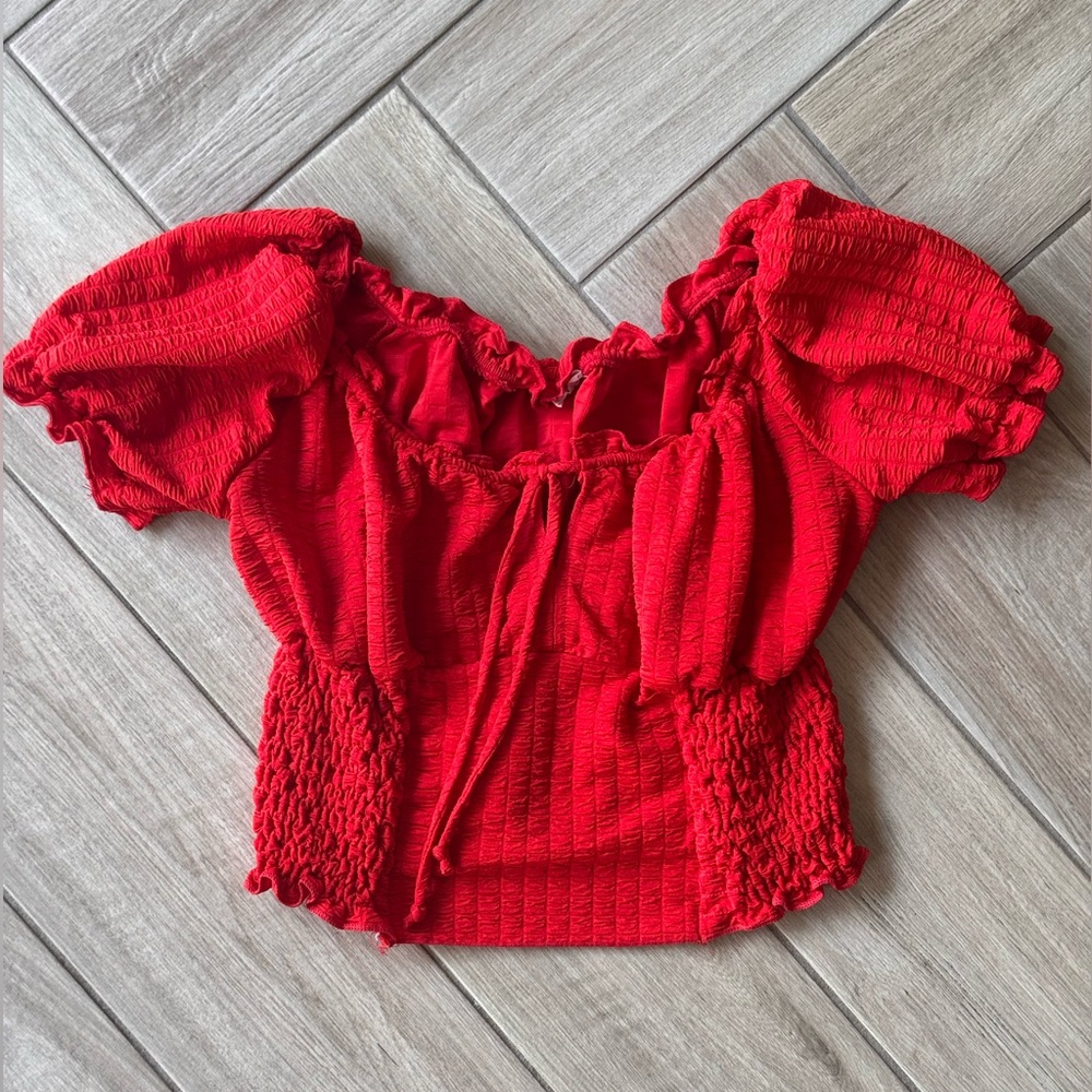 Moa Moa Red Puff Sleeve Smocked crop top